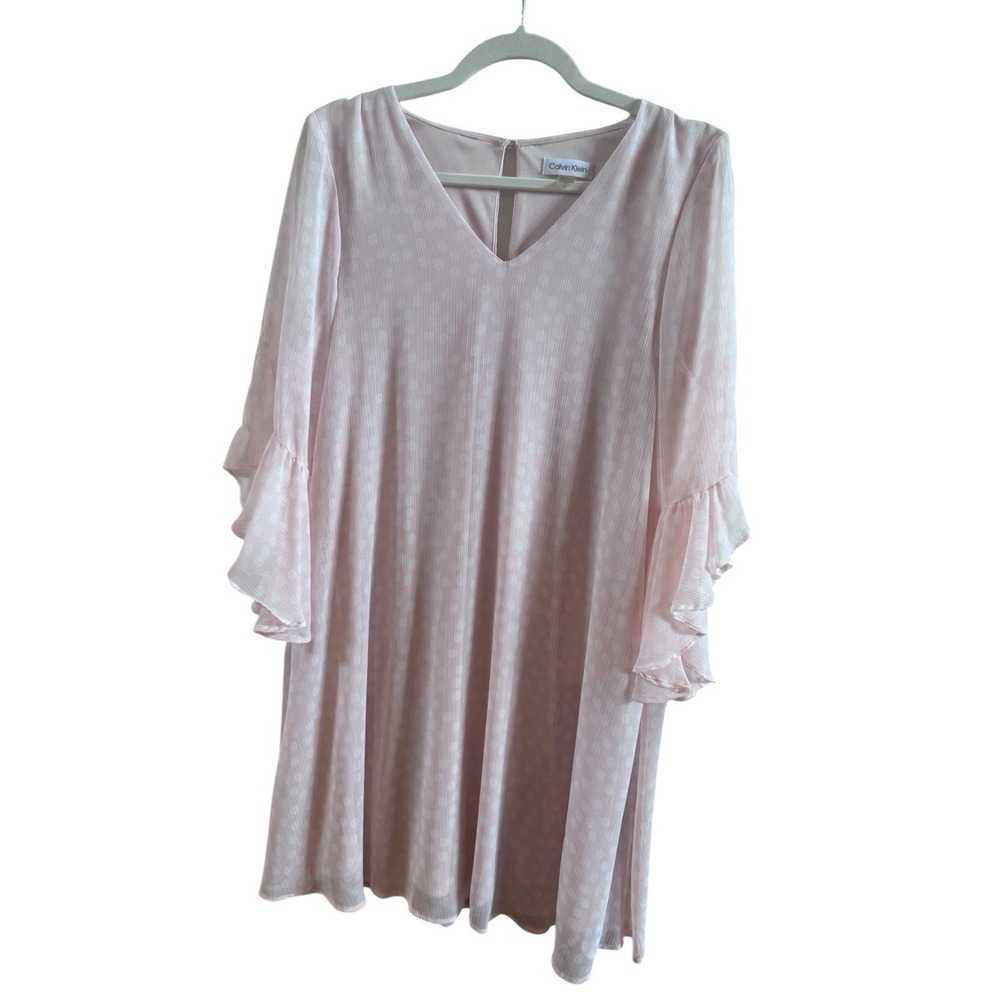 Calvin Klein Chiffon Pink Cream Polka Dot Trapeze Dress Size‎ 10 Flutter Sleeves